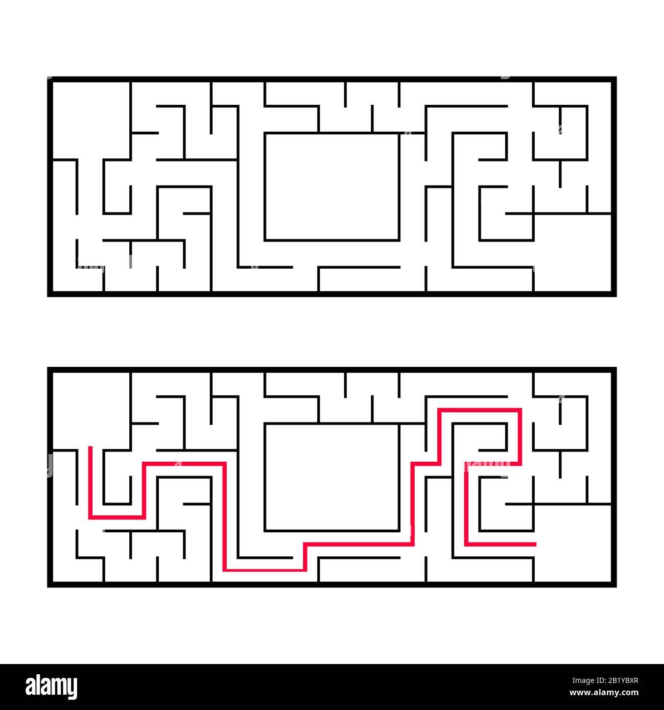 Labirinto rettangolare, labirinto. Un gioco interessante e utile per i preschoolers. Un semplice gioco di puzzle. Semplice illustrazione vettoriale piatta isolata su bianco b. Illustrazione Vettoriale