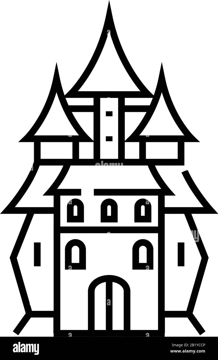 Icona della linea del castello magico, simbolo concettuale, illustrazione del vettore del contorno, simbolo lineare. Illustrazione Vettoriale