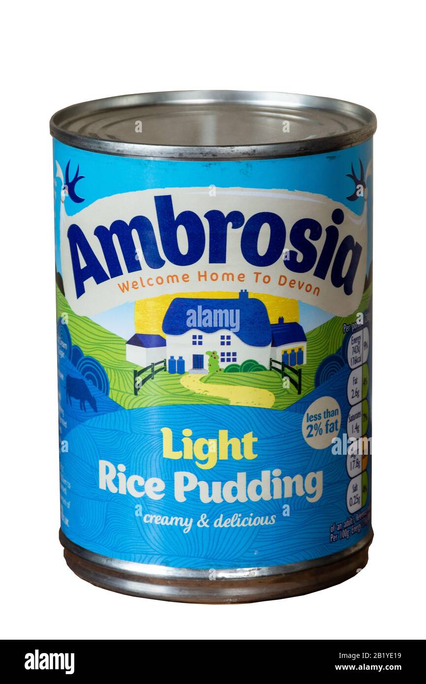 Scatola di budino di riso chiaro Ambrosia, sfinestratura su fondo bianco, UK stagnato o in scatola dessert Foto Stock