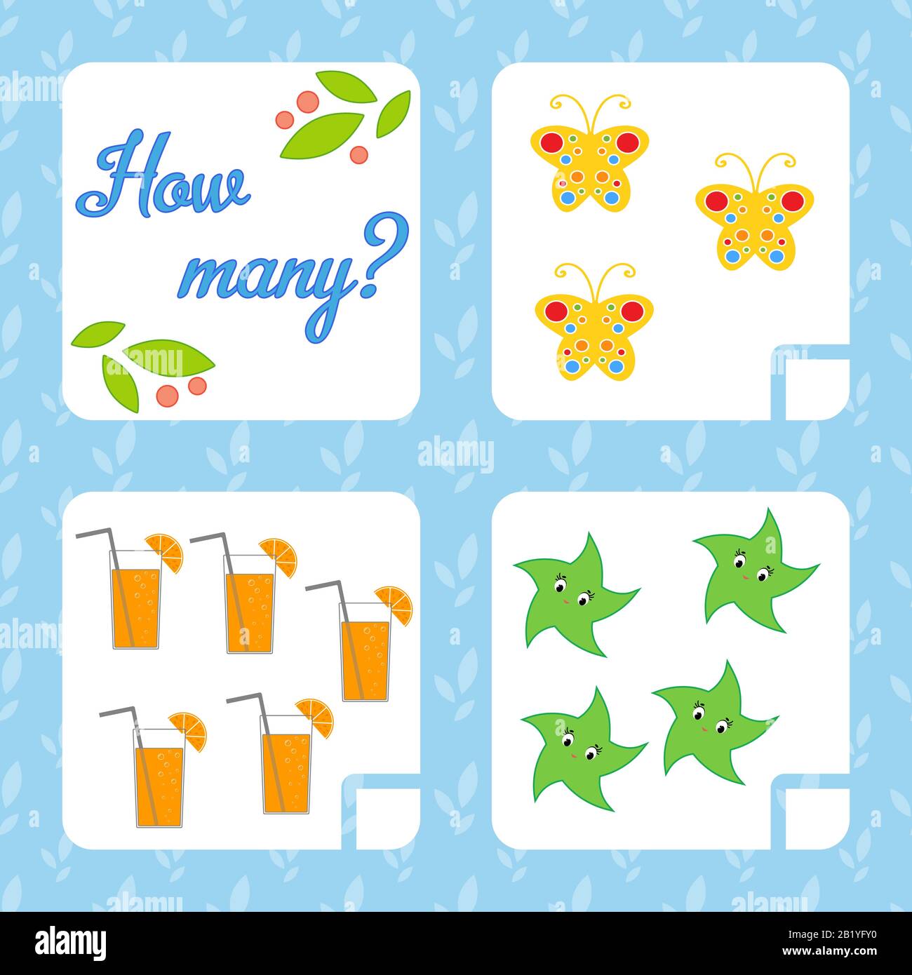 Contare il gioco per bambini prescolare per lo sviluppo di abilità matematiche. Contare il numero di oggetti nell'immagine. Con un posto per answe Illustrazione Vettoriale