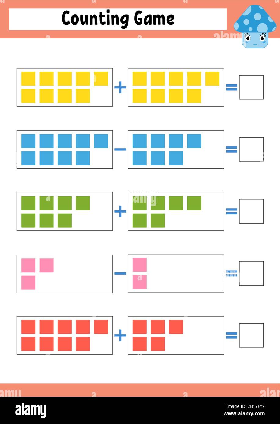 Conteggio del gioco per i preschoolers. Gioco matematico educativo su addizione e sottrazione. Foglio di lavoro attivo per bambini. Illustrazione del vettore luminoso. Illustrazione Vettoriale