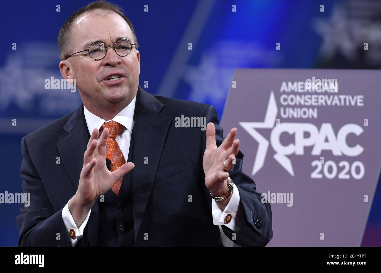 National Harbor, Stati Uniti. 28th Feb, 2020. Acting White House Chief of Staff Mick Mulvaney fa commenti alla Conferenza politica d'azione dei conservatori (CPAC), Venerdì, 28 febbraio 2020, nel Porto Nazionale, Maryland. Migliaia di attivisti conservatori, funzionari eletti e esperti si sono riuniti per ascoltare i relatori sul tema "America vs. Socialismo". Foto di Mike Theiler/UPI Credit: UPI/Alamy Live News Foto Stock