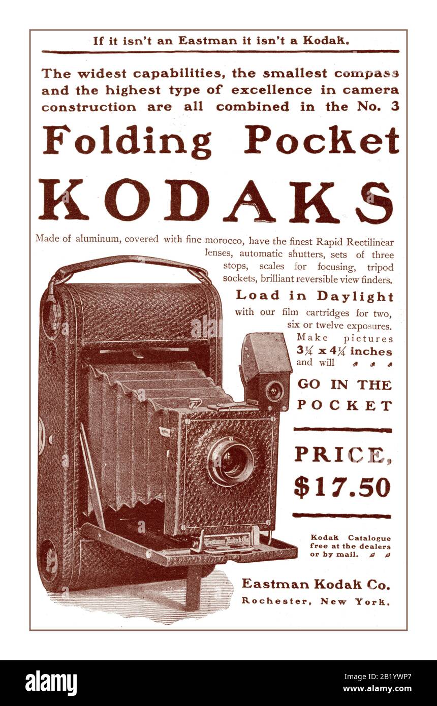 KODAK Vintage 1900 seppia annuncio pubblicitario per un pieghevole tascabile n. 3 "Kodaks' a $17.50 da Eastman Kodak Rochester NY USA Foto Stock