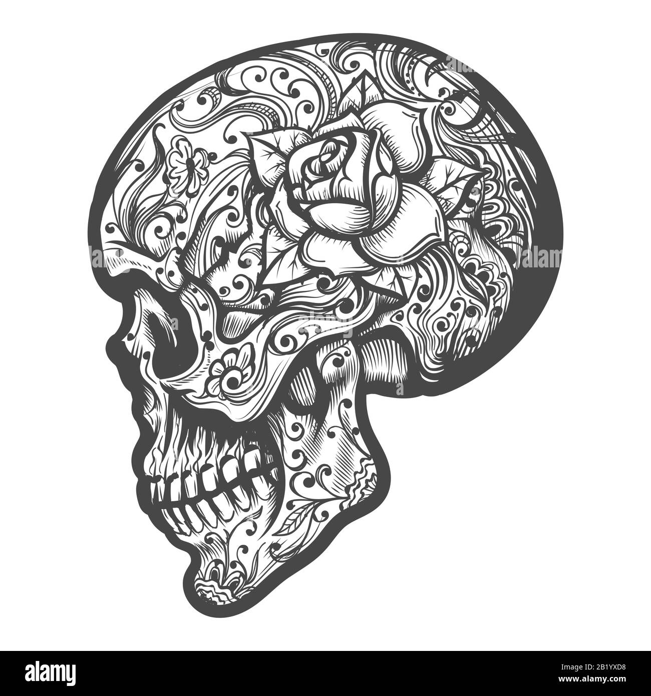 Skull zucchero disegnato in stile tatuaggio. Vista laterale. Illustrazione del vettore. Illustrazione Vettoriale