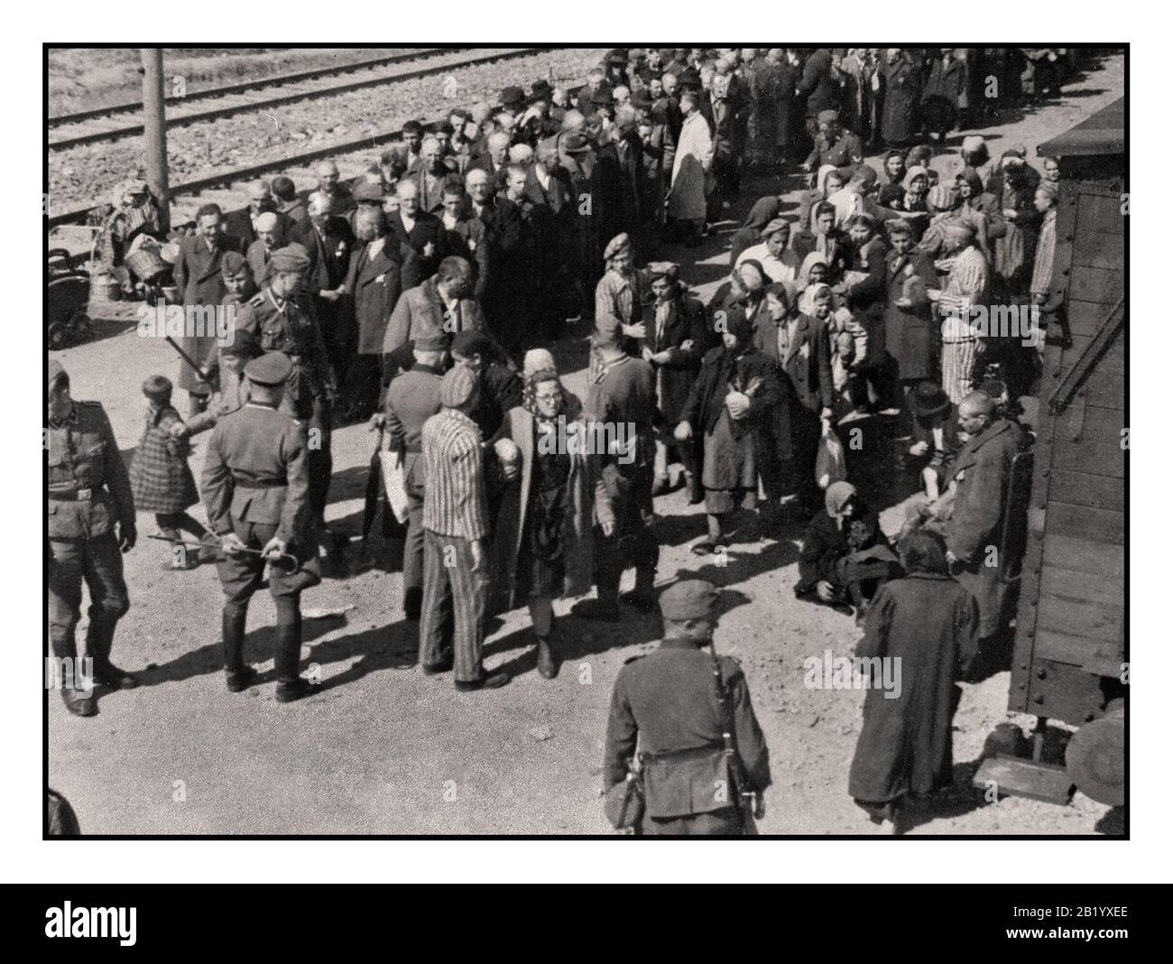 AUSCHWITZ-BIRKENAU DETENUTI CODA LINEA DI ARRIVO - una visione dell'inferno sulla terra. 1944, i Nazisti 'classificazione' (la vita o la morte) gli ignari prigionieri su rampa concourse fuori dall'ingresso di sterminio di Auschwitz-Birkenau morte camp. Il famigerato campo di Auschwitz fu iniziato da ordine di Adolf Hitler nel 1940 durante l'occupazione della Polonia dalla Germania Nazista durante la Seconda Guerra Mondiale 2, inoltre attivata da Heinrich Luitpold Himmler il Reichsführer delle Schutzstaffel e membro leader del partito nazista della Germania Foto Stock