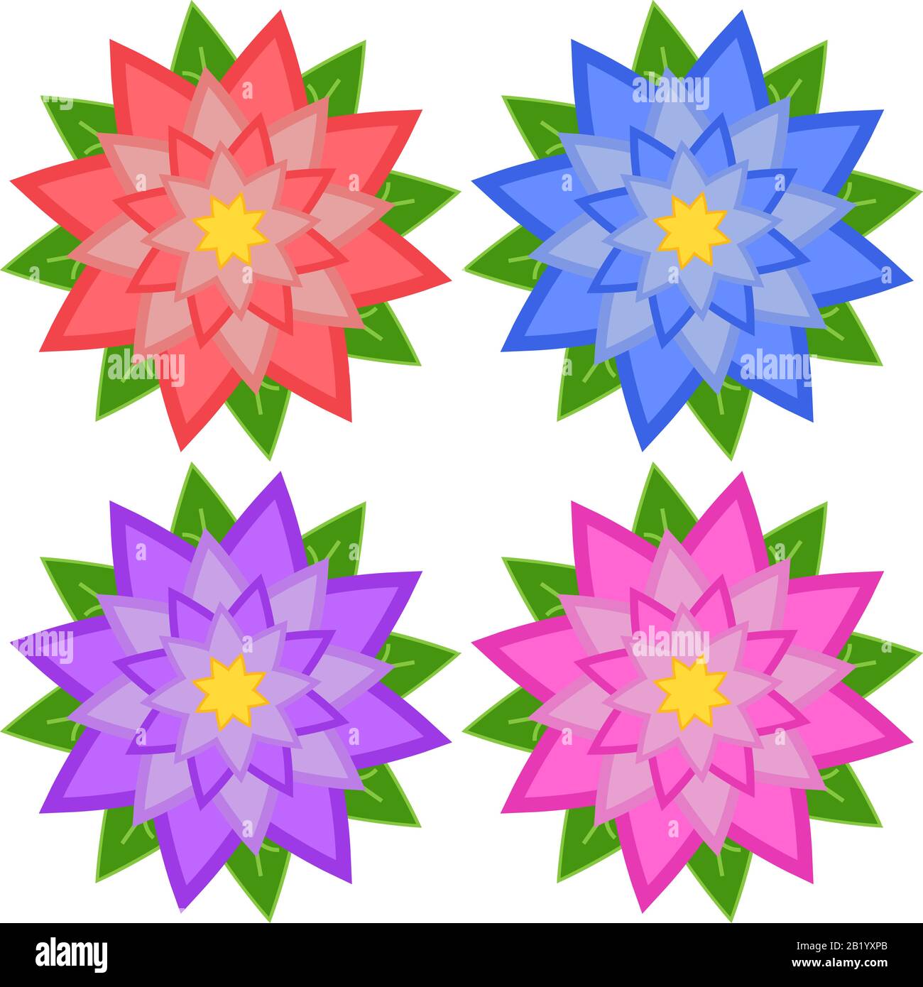 Set di quattro fiori di blu, rosso, viola, rosa, isolato su sfondo bianco. Adatto per il design. Illustrazione Vettoriale