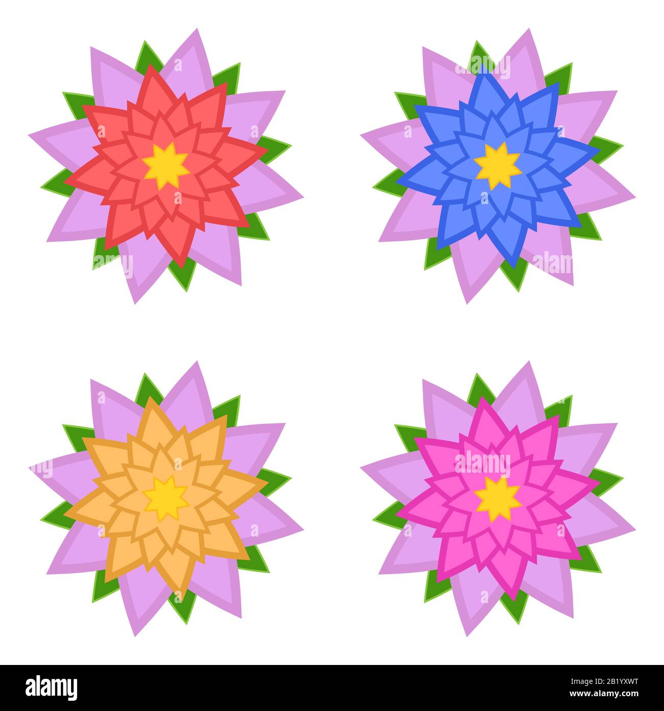 Set di fiori rosso, blu, giallo, rosa con petali rosa, isolato su sfondo bianco. Quattro opzioni. Adatto per il design. Illustrazione Vettoriale