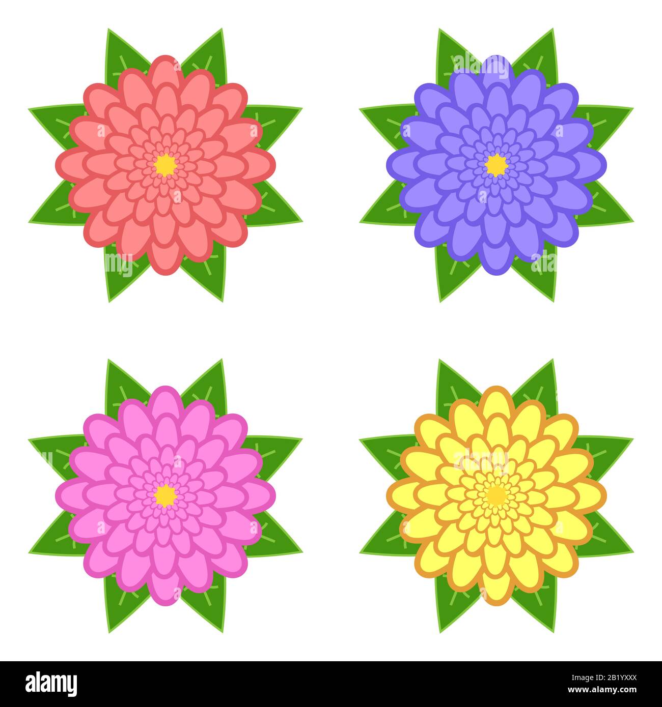 Set di fiori rosso, viola, giallo, rosa con foglie verdi, isolato su sfondo bianco. Quattro opzioni. Adatto per il design. Illustrazione Vettoriale