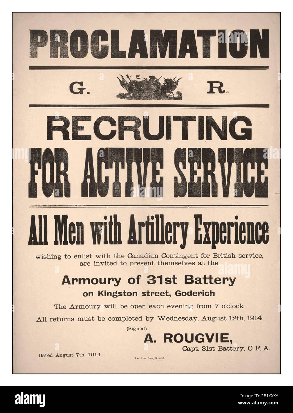 Vintage WW1 Canadian Recruiting Recruitment Poster Proclama G.R. Recruiting for Active service tutti gli uomini con esperienza di artiglieria 1914-1918 Canada. Esercito Canadese. Artiglieria Canadese. Arsenale Di 31st Battery, 1914, Prima Guerra Mondiale Prima Guerra Mondiale La Grande Guerra Canada. Esercito Canadese--Recruiting, Arruolamento, Guerra Mondiale 1. 1914-1918 Foto Stock