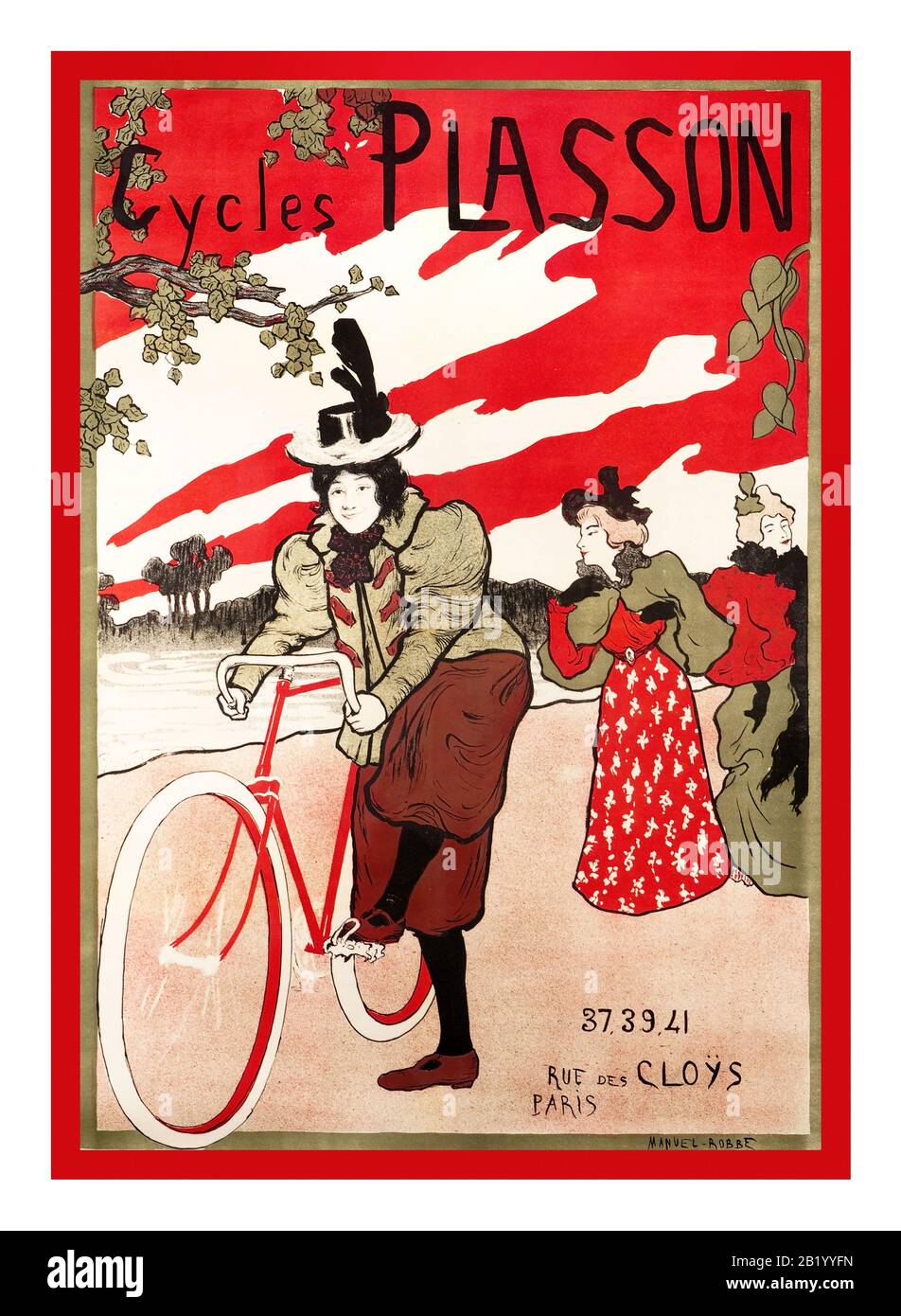 Vintage 1890's Bicycle Poster 'Cycles PLASSON' rue des CLOYS PARIGI FRANCIA dell'artista Manuel Robbe CYCLES PLASSON VECCHIO POSTER FRANCESE DELLA BICICLETTA PUBBLICITÀ 1897 Foto Stock