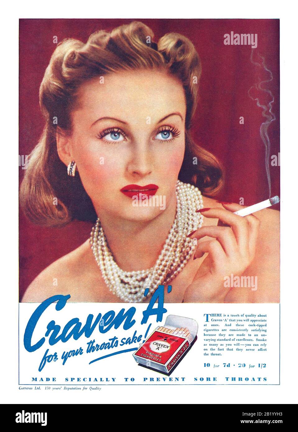Vintage 1940’s Cigarette Annuncio pubblicitario per Craven ‘A’ ‘made appositamente per prevenire il mal di gola’ ‘PER IL TUO GUSTO DI GOLA’ Cork Capovolta quindi non importa quanti fuma Craven 'A' NON influenzerà MAI la gola !! Foto Stock