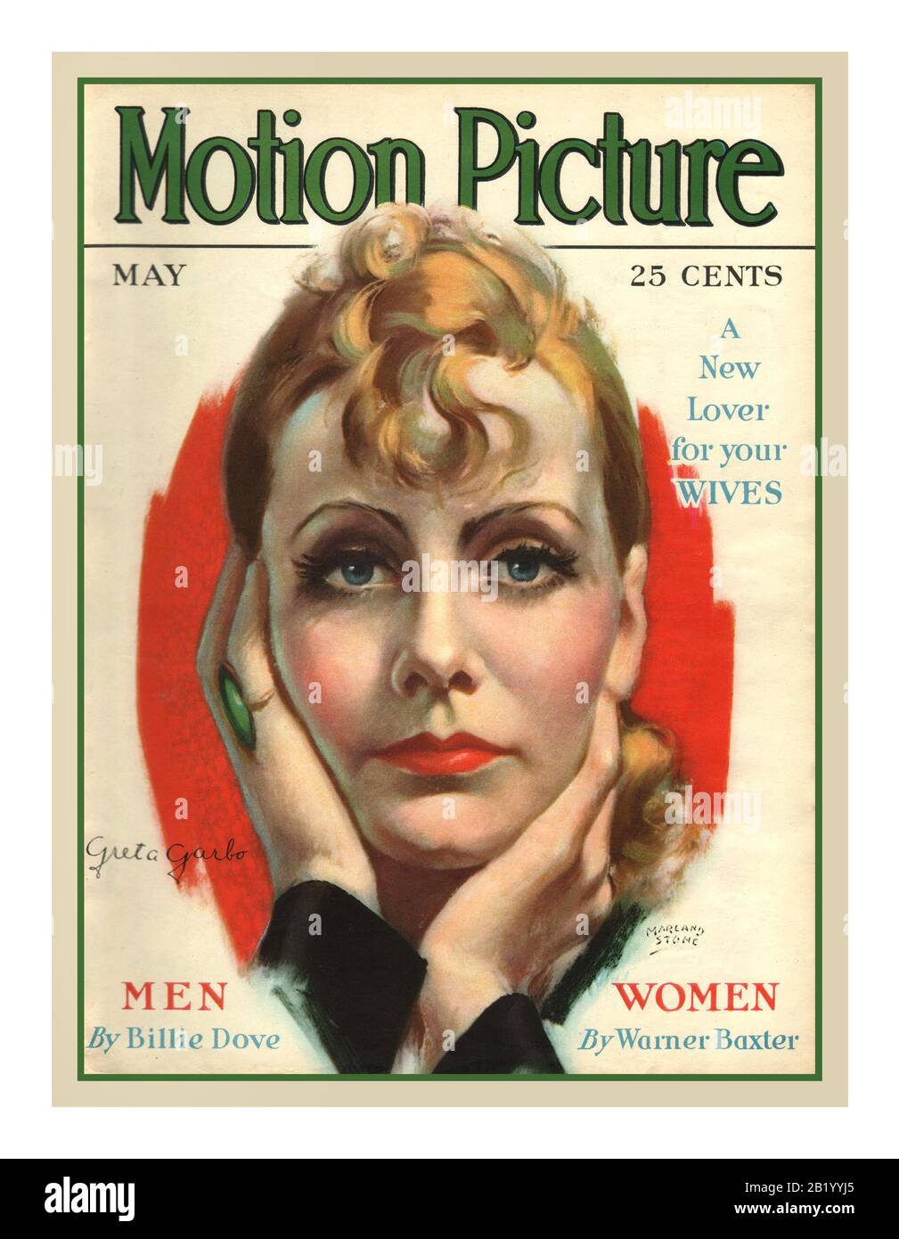 Greta GARBO Vintage 1930 Motion Picture Magazine 25 centesimi ritratto Illustrazione maggio 1930 Female Film Star Greta Garbo USA Foto Stock