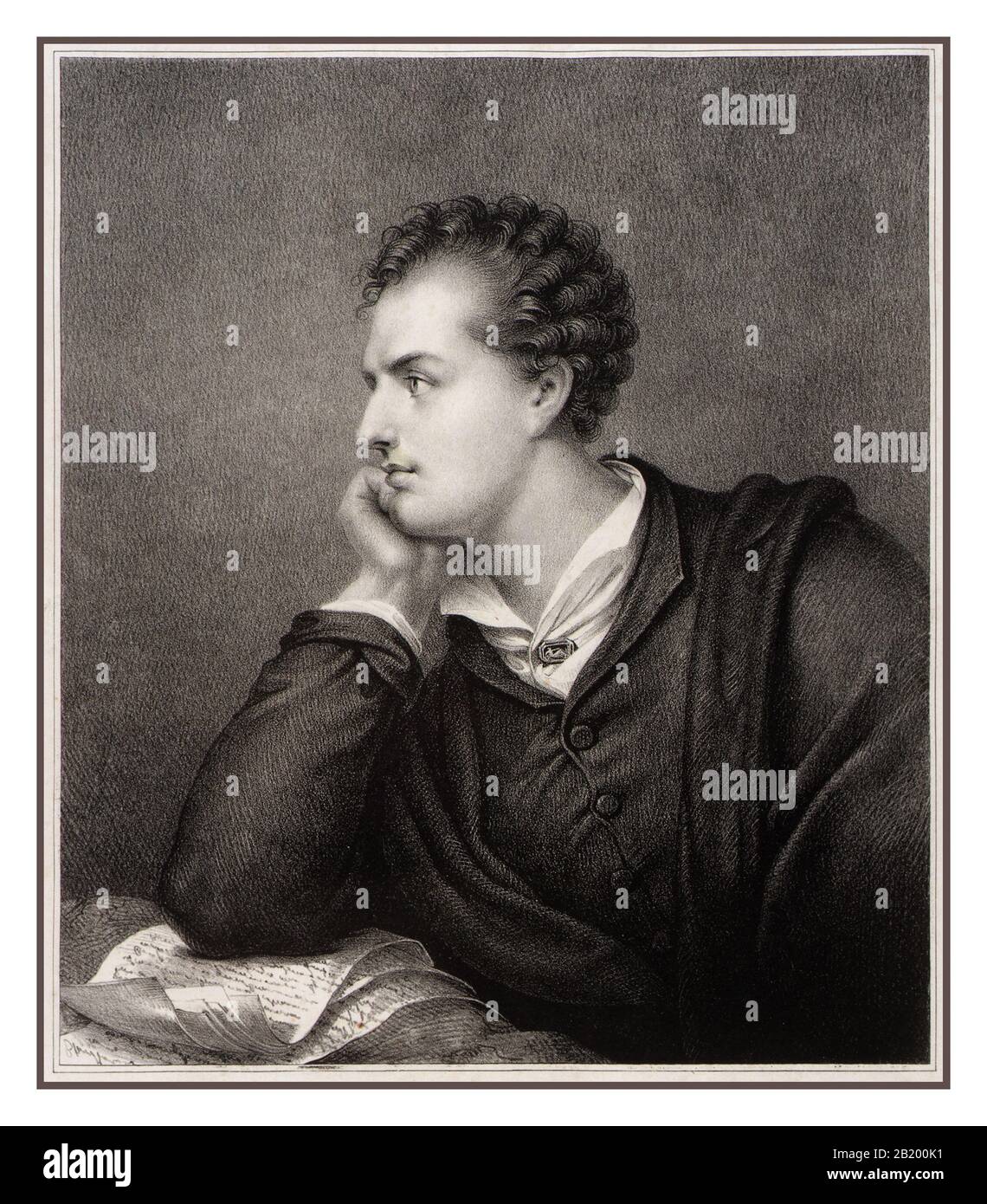 Byron Archive litografia incisione c1885 Lord Byron. George Gordon Byron, 6th Baron Byron, conosciuto semplicemente come Lord Byron. Fu un famoso poeta inglese e figura di spicco nel movimento Romantico del 1800. Tra le sue opere più conosciute ci sono i poemi narrativi del pellegrinaggio di Childe Harold e Don Juan. Lord Byron è anche famoso per il modo in cui ha vissuto la sua vita. Era un dandy, vivente stravagante, con molti affari di amore e debiti. Foto Stock