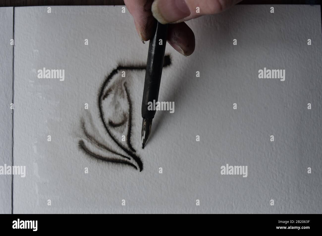 Sequenza di disegno con penna per immersione in India inchiostro su carta acquerello umida con diffusione di inchiostro. Foto Stock