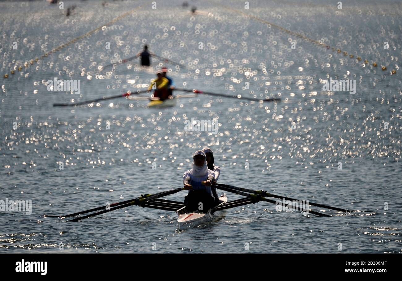 Eton Dorney, Windsor, Gran Bretagna, 2012 London Olympic Regatta, Eton Rowing Center, Berkshire[ Rowing]. Descrizione; sessione di addestramento del personale, viste generali Area di partenza 12:40:09 Lunedì 23/07/2012 [credito obbligatorio: Peter Spurrier/Intersport Images] Foto Stock