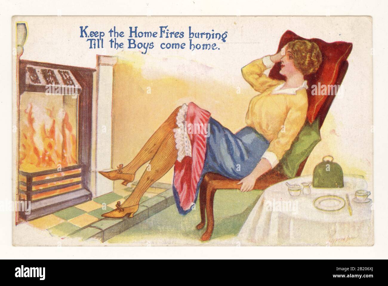 Inizio 1900's WW1 era saucy sweetheart cartolina di una signora in attesa dal fuoco in una suggestiva posa per il suo ragazzo, postato nel luglio 1916 da Maidenhead, Berkshire, Inghilterra, Regno Unito La cartolina è stata inviata da una nuova recluta all'arrivo al suo campo di addestramento alla sua ragazza indietro nel Kent. Foto Stock