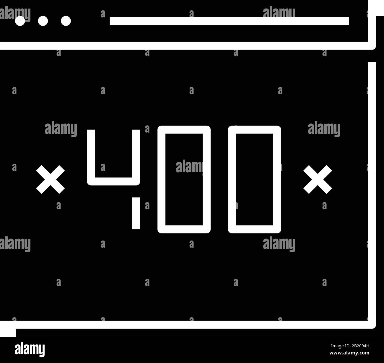 Errore icona nera pagina web, illustrazione concettuale, simbolo piatto vettore, simbolo glifo. Illustrazione Vettoriale