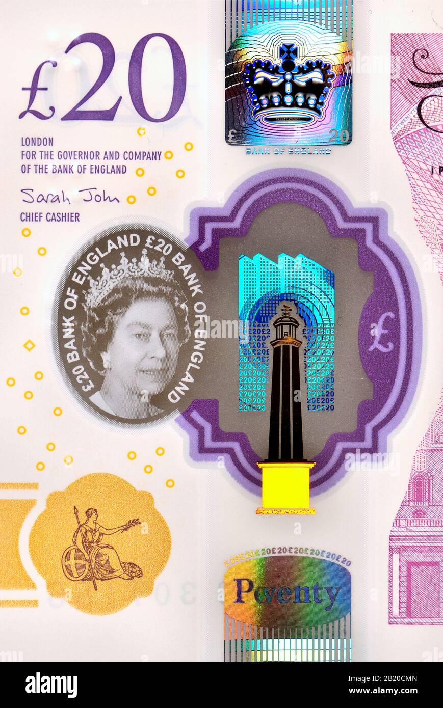 Nuovo polimero britannico £20 nota (febbraio 2020) caratteristiche di sicurezza: "Filigrana" trasparente e faro olografico e corona. Foto Stock