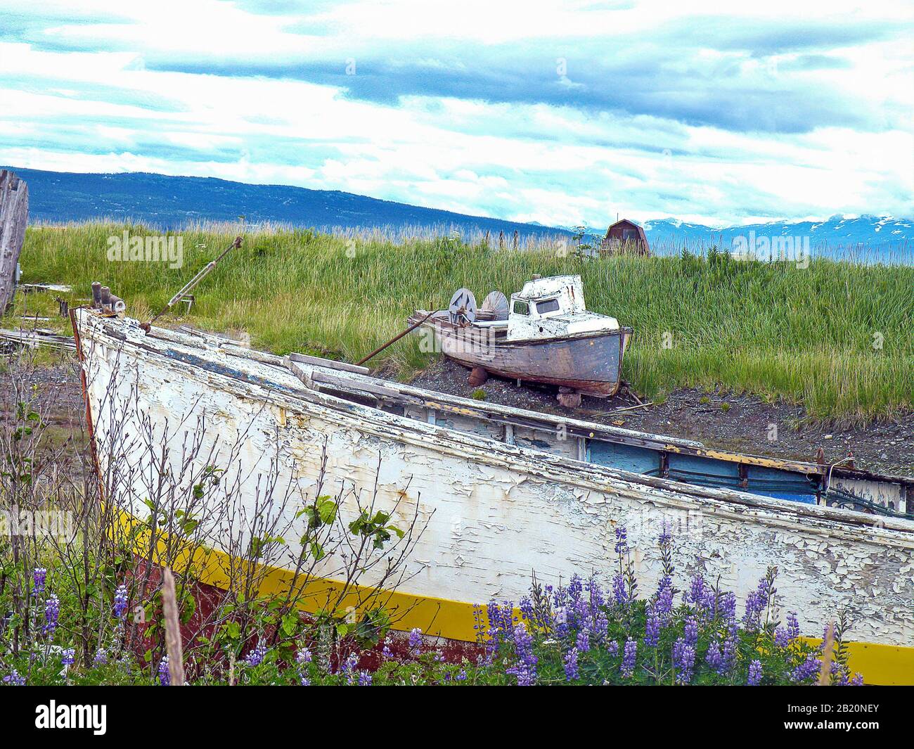 Vecchie barche di pesca di legno abbandonate in Alaska wilderness Foto Stock
