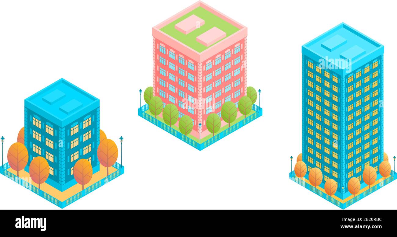 Set di tre edifici in stile isometrico. Case residenziali alte con una recinzione e alberi. Illustrazione con isolamento vettoriale in stile isometrico. Illustrazione Vettoriale