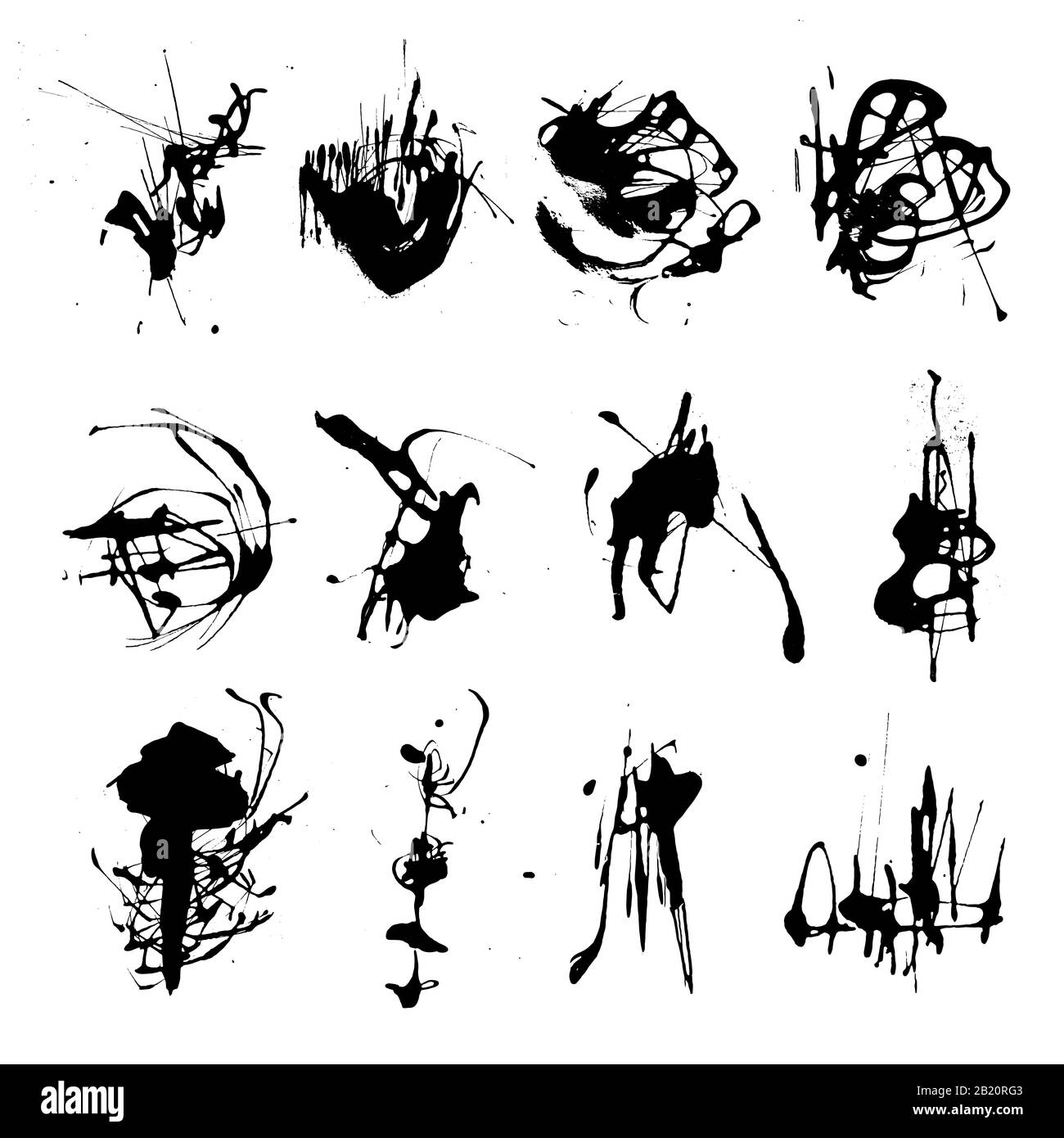 Un elegante set vettoriale di schizzi d'inchiostro Blots Blots raccolta di schizzi. Elemento di design grunge, sfondo disordinato. Vettore tracciato manualmente di alta qualità Illustrazione Vettoriale