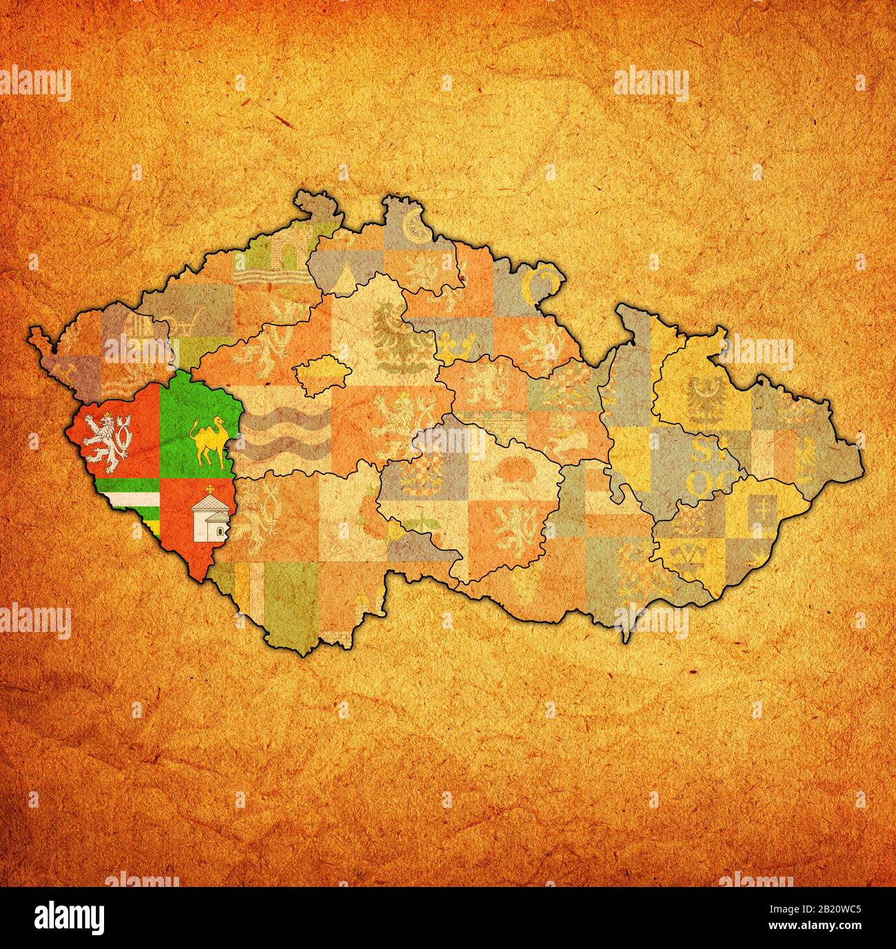 Emblema della regione di plzen sulla mappa con divisioni amministrative e confini della Repubblica Ceca Foto Stock