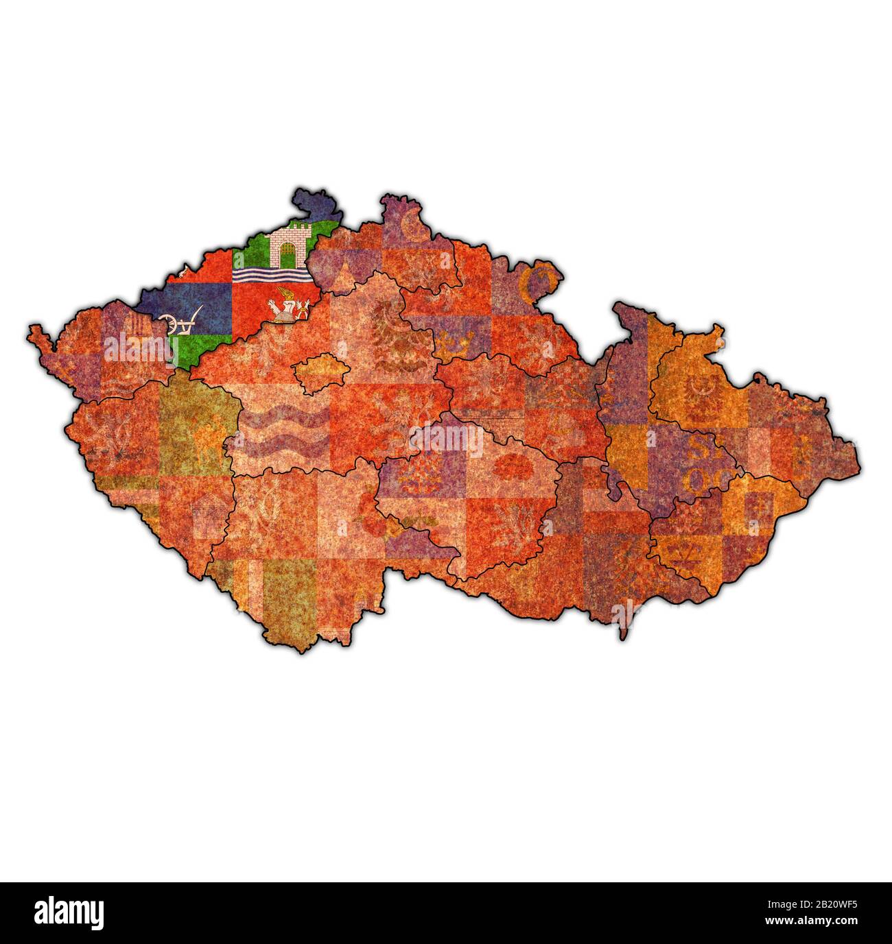 Emblema della regione di Usti nad labem sulla mappa con divisioni amministrative e confini della Repubblica Ceca Foto Stock