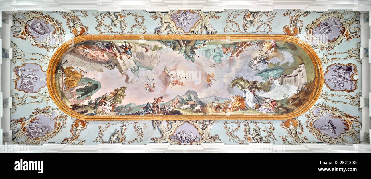 Affresco A Soffitto Di Martin Heigl, La Terra Coltivata, I Quattro Elementi, 1765, Sala Festival Kloster Raitenhaslach, Steinerner Saal, Aula Maior Foto Stock