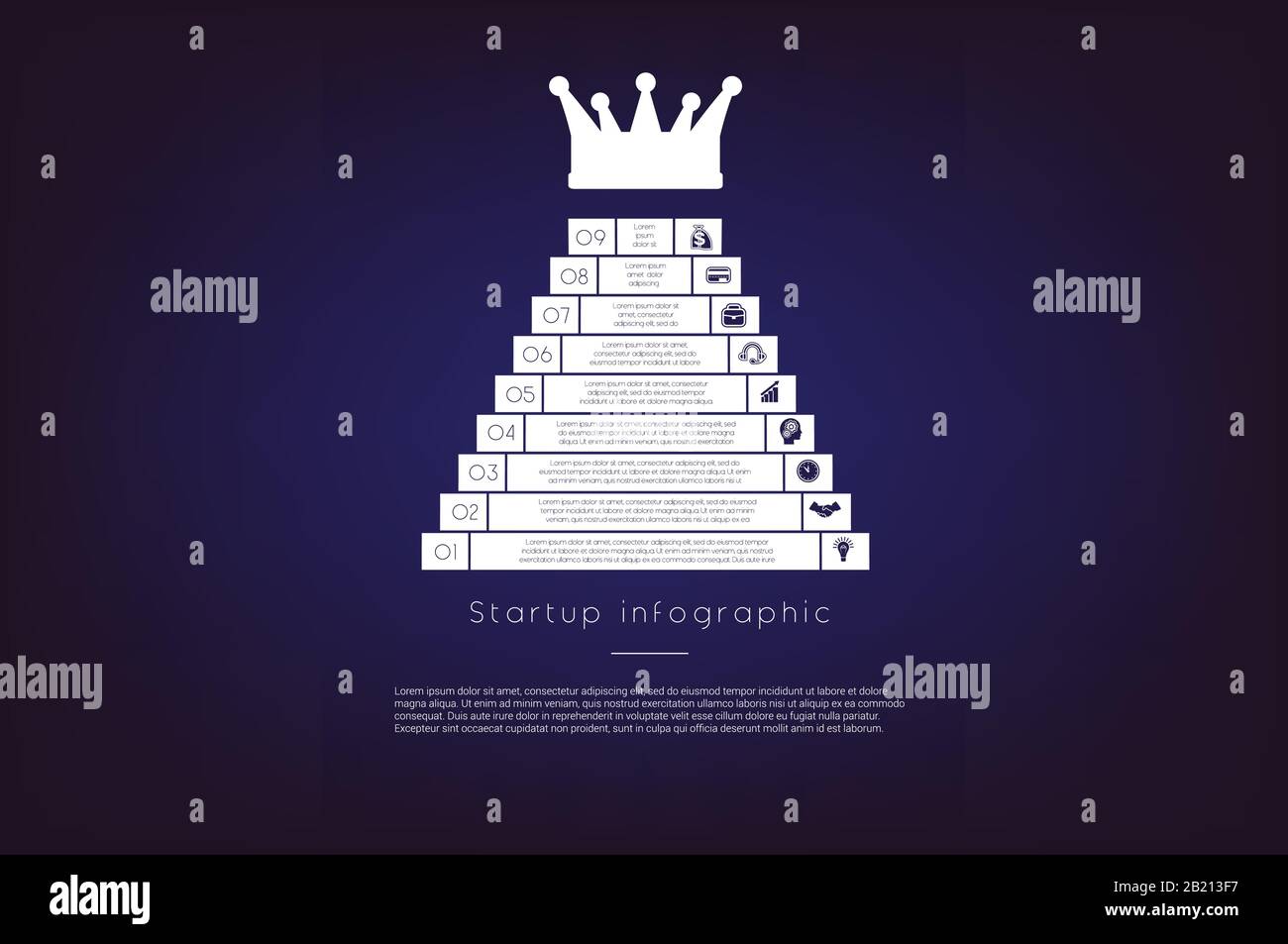 Scala al successo. Illustrazione concettuale o sfondo. Infografica di avvio. Template vettoriale monocromatico 9 posizioni per area di testo, utilizzabile per Illustrazione Vettoriale