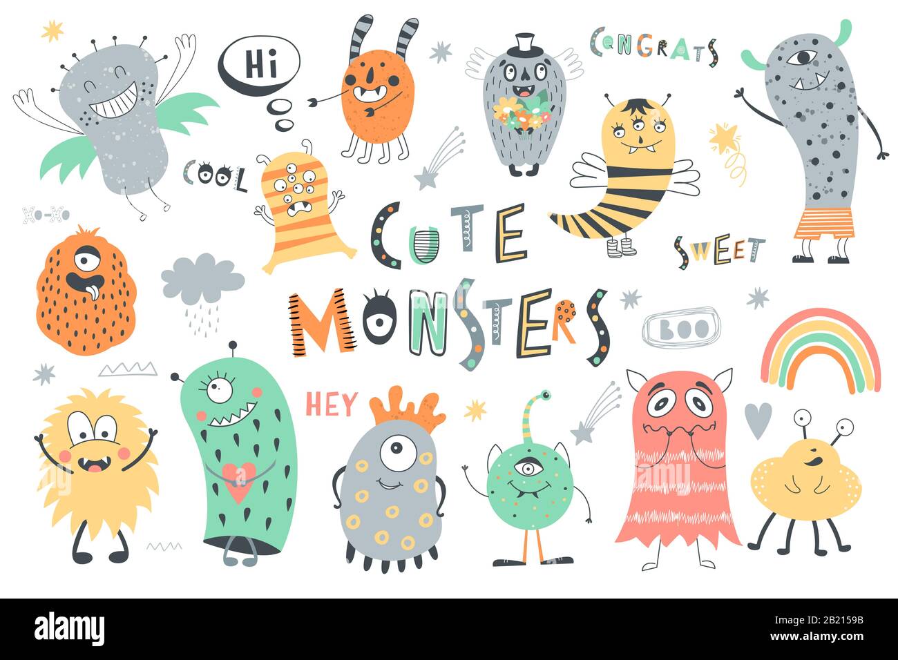 Set di simpatici mostri, frasi, oggetti. Caratteri vettoriali cartoon. Illustrazione Vettoriale