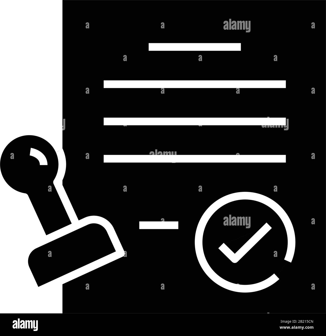 Icona nera del timbro del documento, illustrazione concettuale, simbolo piatto vettoriale, simbolo glifo. Illustrazione Vettoriale