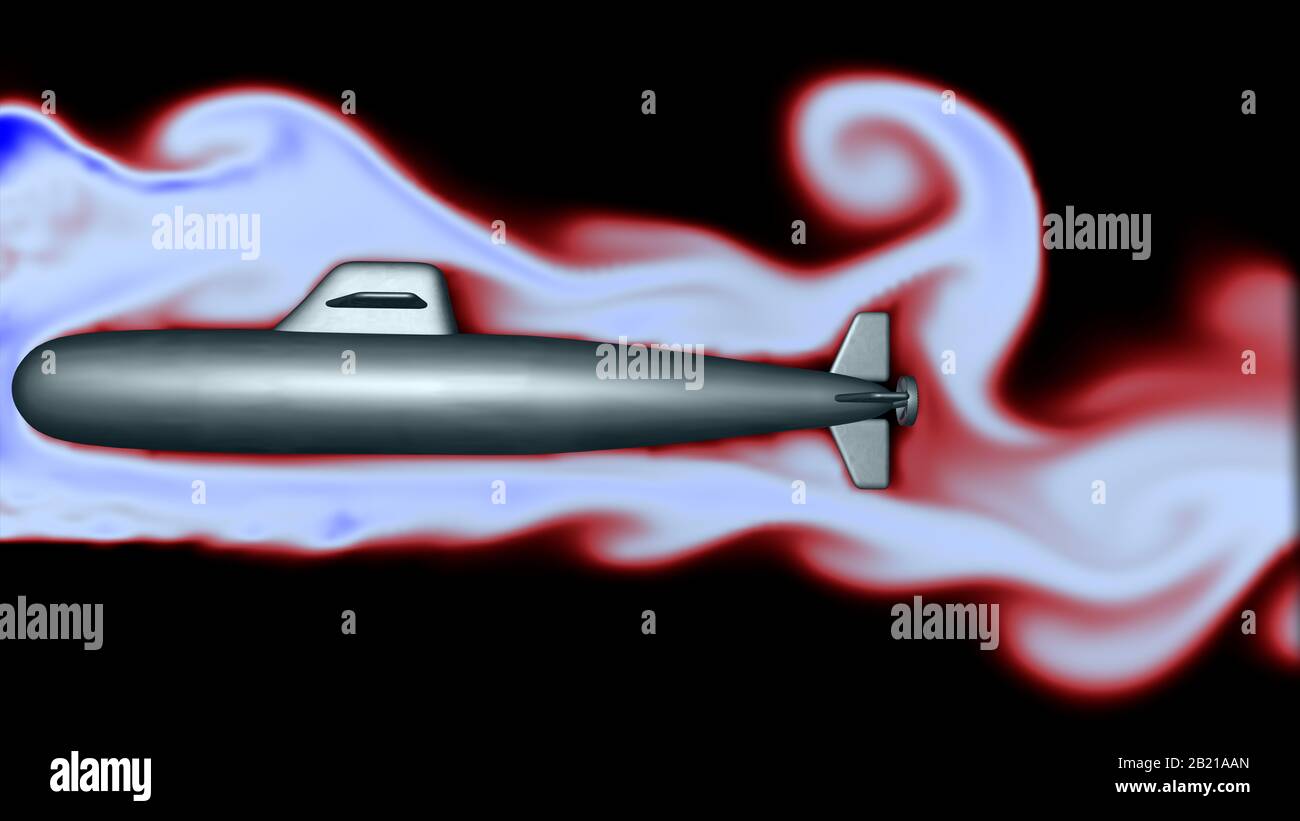 Fluido, flusso d'aria intorno al corpo sottomarino. Idrodinamica . tecnica di simulazione del rendering 3d Foto Stock