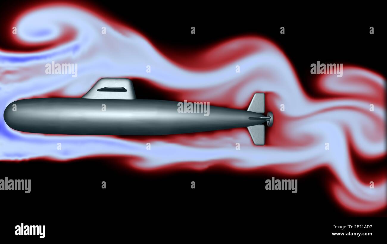 Fluido, flusso d'aria intorno al corpo sottomarino. Idrodinamica . tecnica di simulazione del rendering 3d Foto Stock