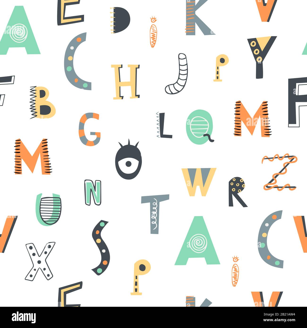 Cute senza cuciture con lettere in stile doodle. Sfondo scandinavo per bambini perfetto per tessuti, involucri, tessuti. Schema ABC. Illustrazione Vettoriale