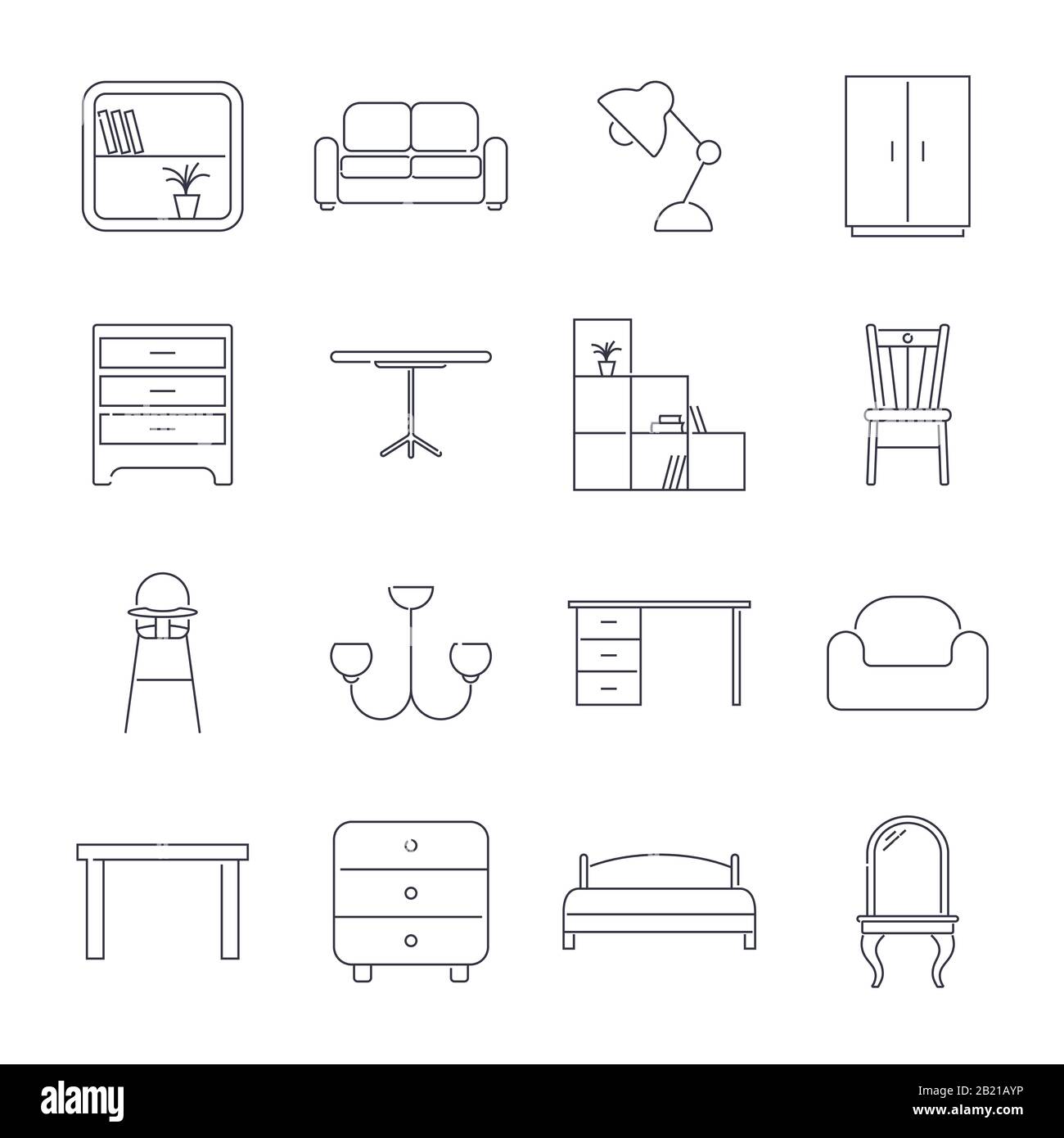Collezione di icone mobili per la casa in stile sottile linea. Traccia Modificabile. Illustrazione Vettoriale