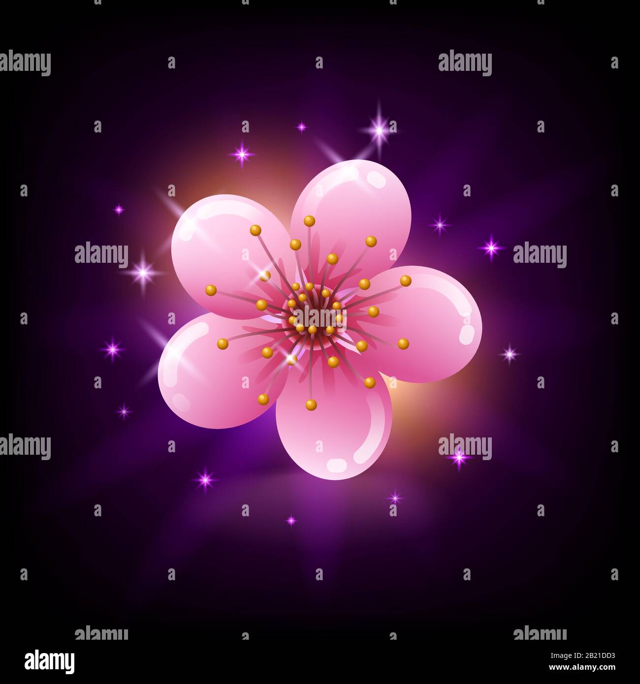 Rosa sakura fiore icona su sfondo scuro con sparkles, Giappone ciliegio fiore, illustrazione vettore. Illustrazione Vettoriale