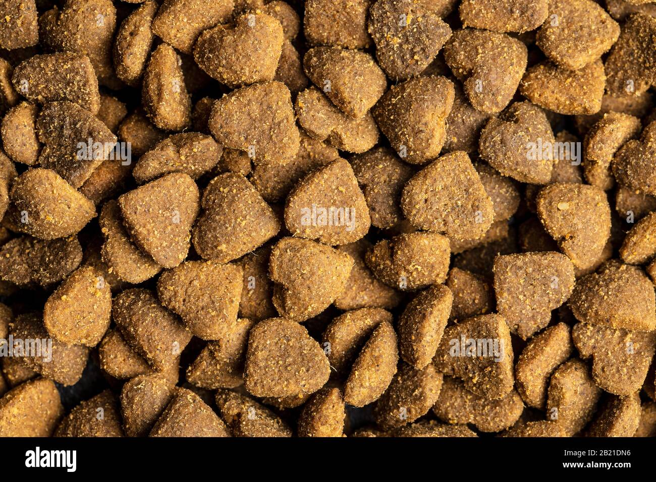 Alimenti secchi per animali da compagnia. Forma del cuore cibo animale essiccato. Vista dall'alto. Foto Stock