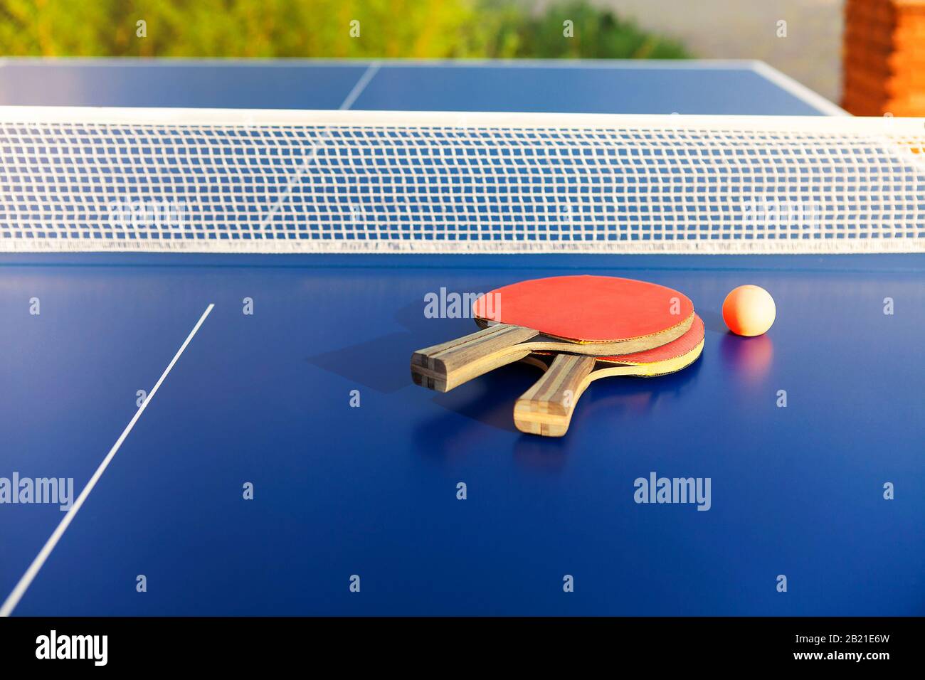 Dall'alto di simili pale da ping pong rosso e piccola palla su tavola blu nella soleggiata giornata estiva Foto Stock
