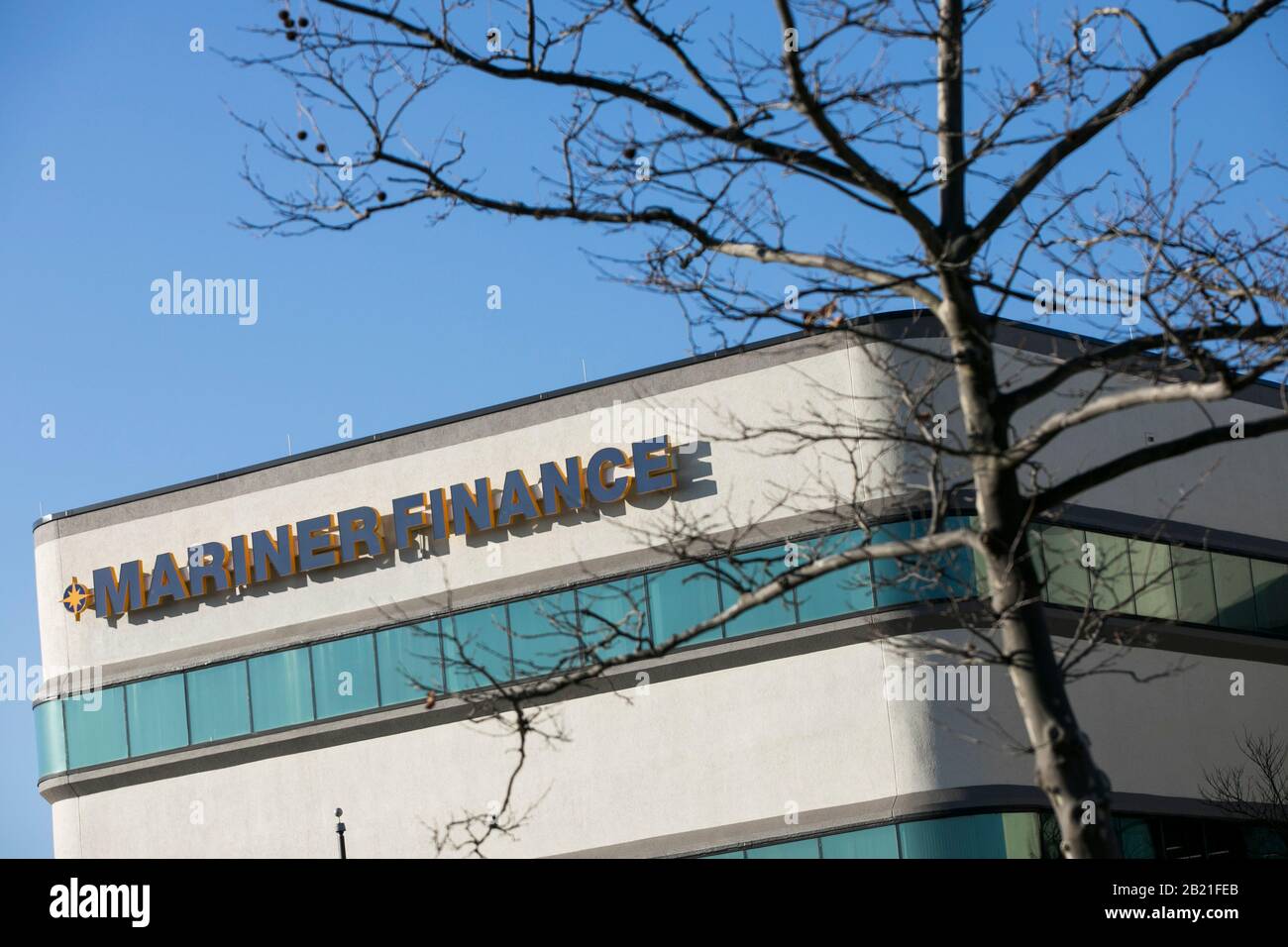 Un logo fuori dalla sede centrale di Mariner Finance a Baltimora, Maryland, il 22 febbraio 2020. Foto Stock