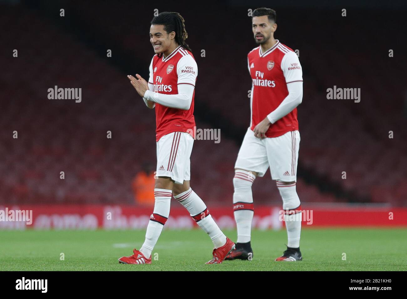 Londra, INGHILTERRA - FEBBRAIO 28TH Miguel Azeez dell'Arsenal u23 e Pablo Mari dell'Arsenal u23 durante la partita della Premier League 2 tra l'Arsenal Under 23 e Manchester City Under 23 all'Emirates Stadium, Londra Sabato 29th Febbraio 2020. (Credit: Jacques Feeney | MI News) La Fotografia può essere utilizzata solo per scopi editoriali di giornali e/o riviste, licenza richiesta per uso commerciale Credit: Mi News & Sport /Alamy Live News Foto Stock