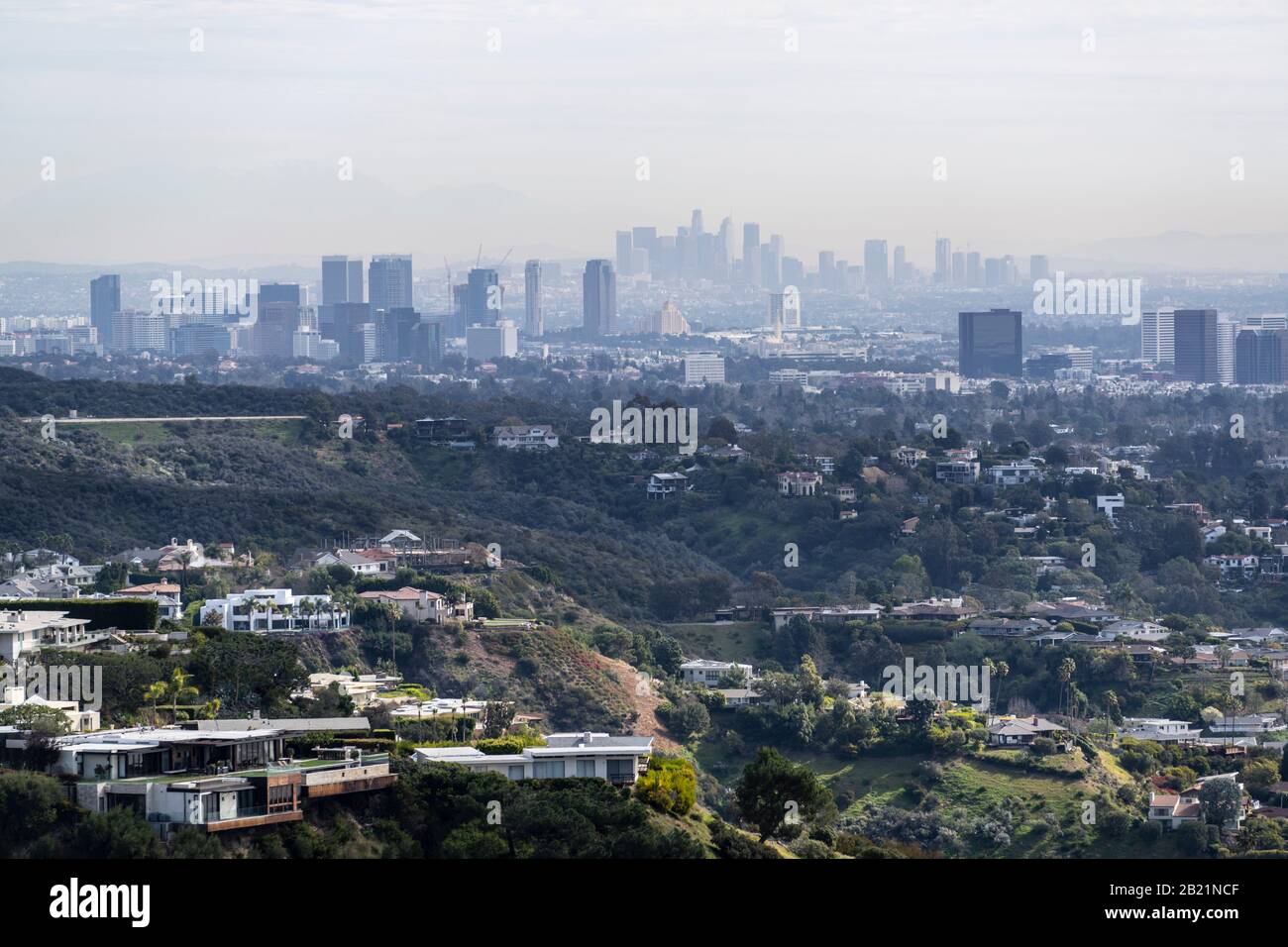 Canyon Homes con vista smoggy del paesaggio urbano di Century City e dei grattacieli del centro di Los Angeles. Foto Stock