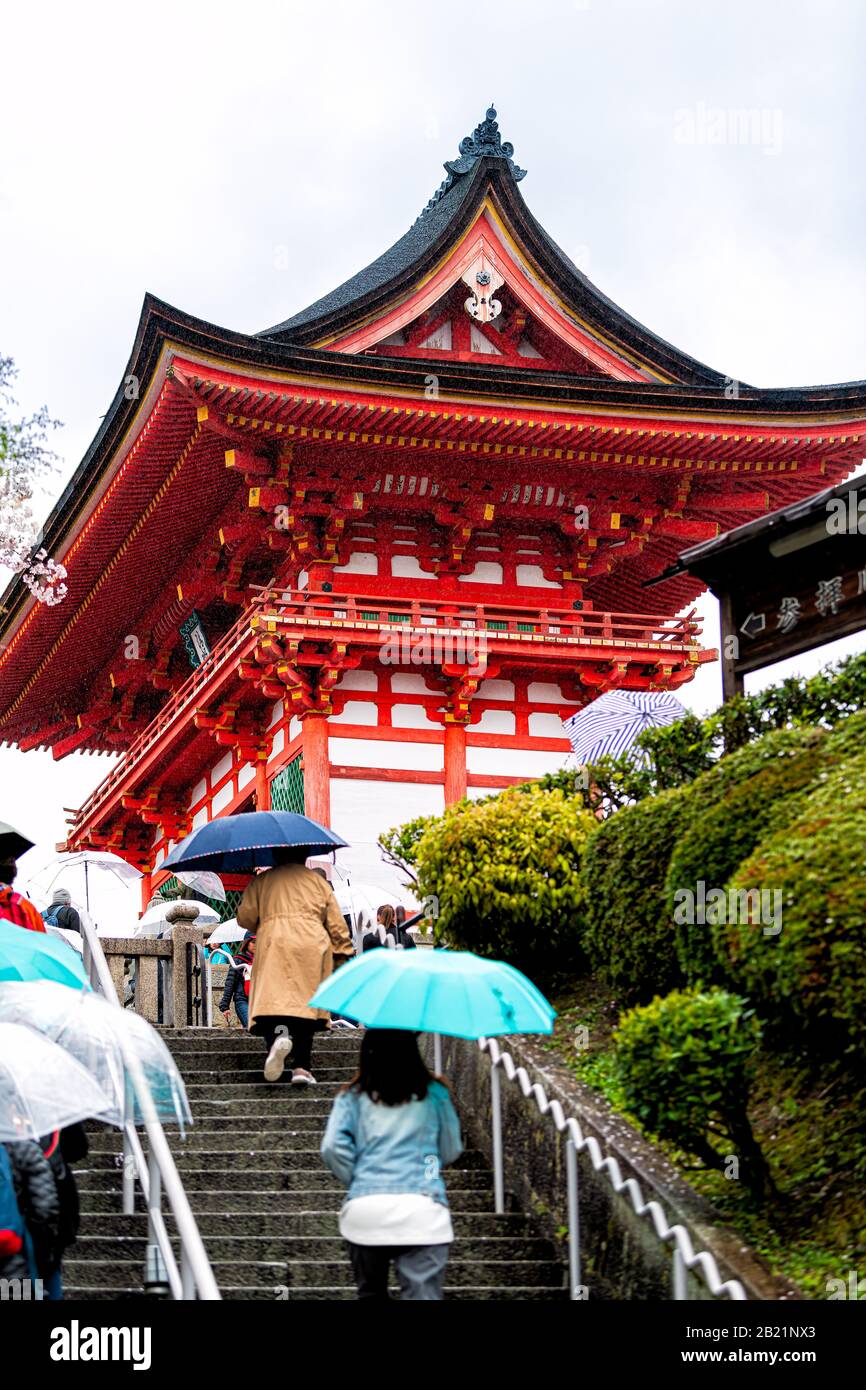 Kyoto, Giappone - 9 aprile 2019: Molte persone con ombrelloni che camminano su per le scale di strada in su durante il giorno delle piogge verso la pagoda rossa del tempio di Kiyomizu-dera Foto Stock