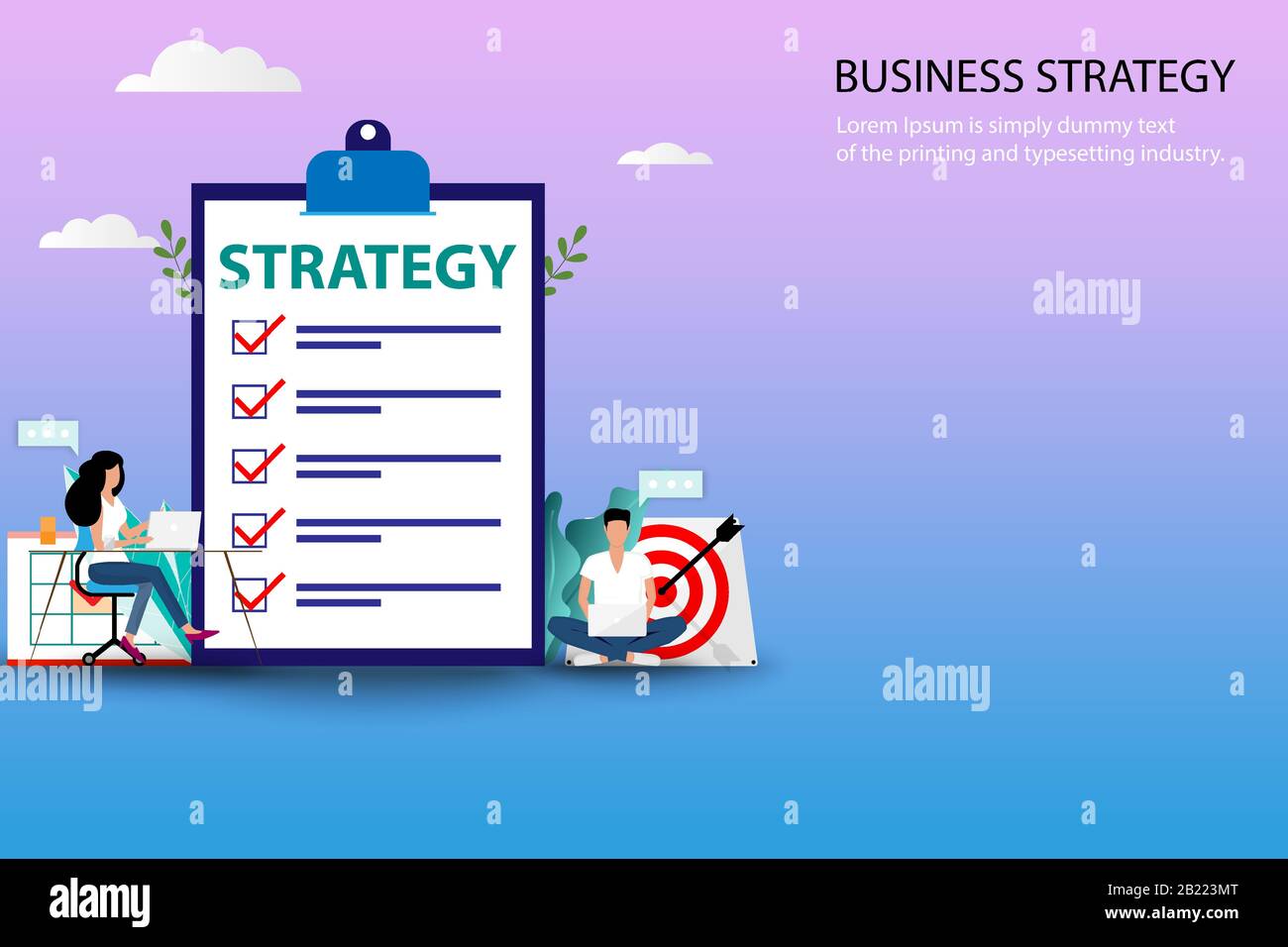 Concetto di business di strategia aziendale, uomini d'affari e donne stanno lavorando vicino a un grande clipboard che contengono l'elenco di strategia aziendale in colore pastello. Illustrazione Vettoriale