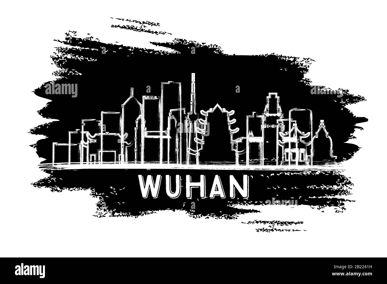 Wuhan China City Skyline Silhouette. Schizzo Disegnato A Mano. Illustrazione Vettoriale. Concetto Di Viaggio D'Affari E Turismo Con Architettura Moderna. Wuhan. Illustrazione Vettoriale
