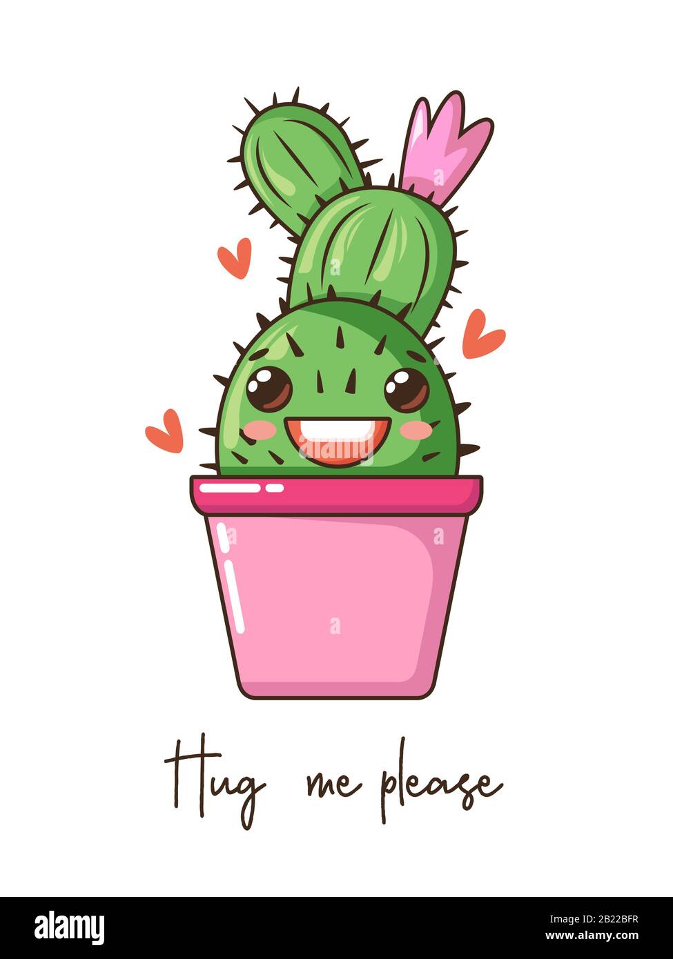 Carino cartoon kawaii cactus con sorriso faccia in vaso, corona fiore e citazione. Vettore disegno a mano illustrazione, moda slogan Illustrazione Vettoriale