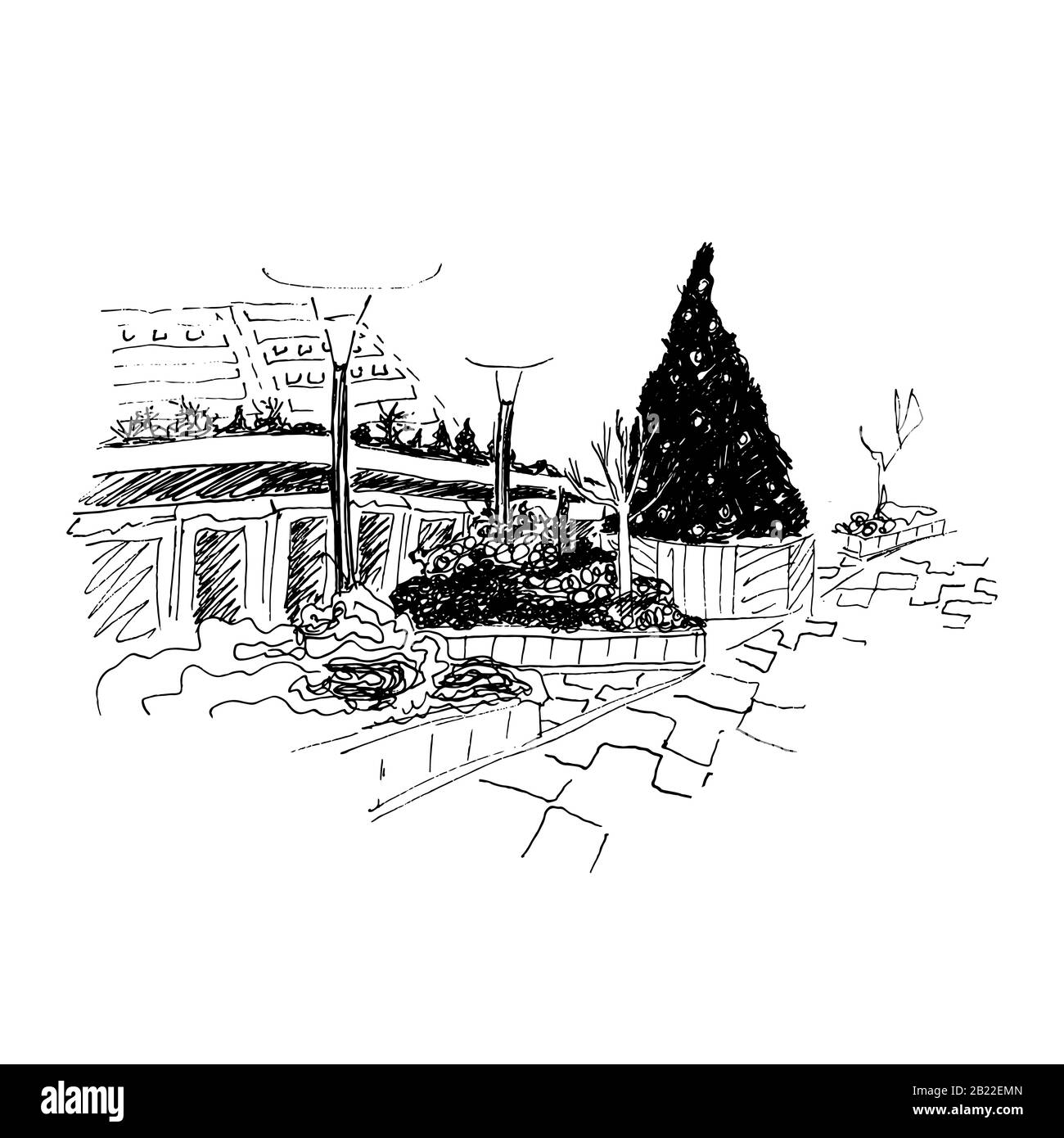 Disegno urbano del paesaggio. Strada della città con albero di Natale, aiuole e shopwindes. Illustrazione Vettoriale