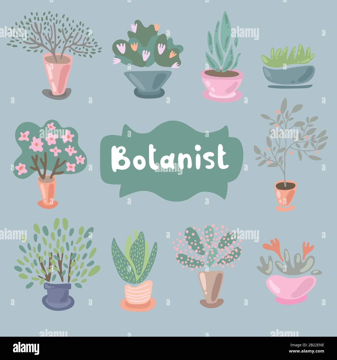 Casa piante e fiori in vasi per arredamento interno. Set di adorabili elementi di progettazione di piante in miniatura. Icona foglia e fiori, vaso fiorito isolato Illustrazione Vettoriale