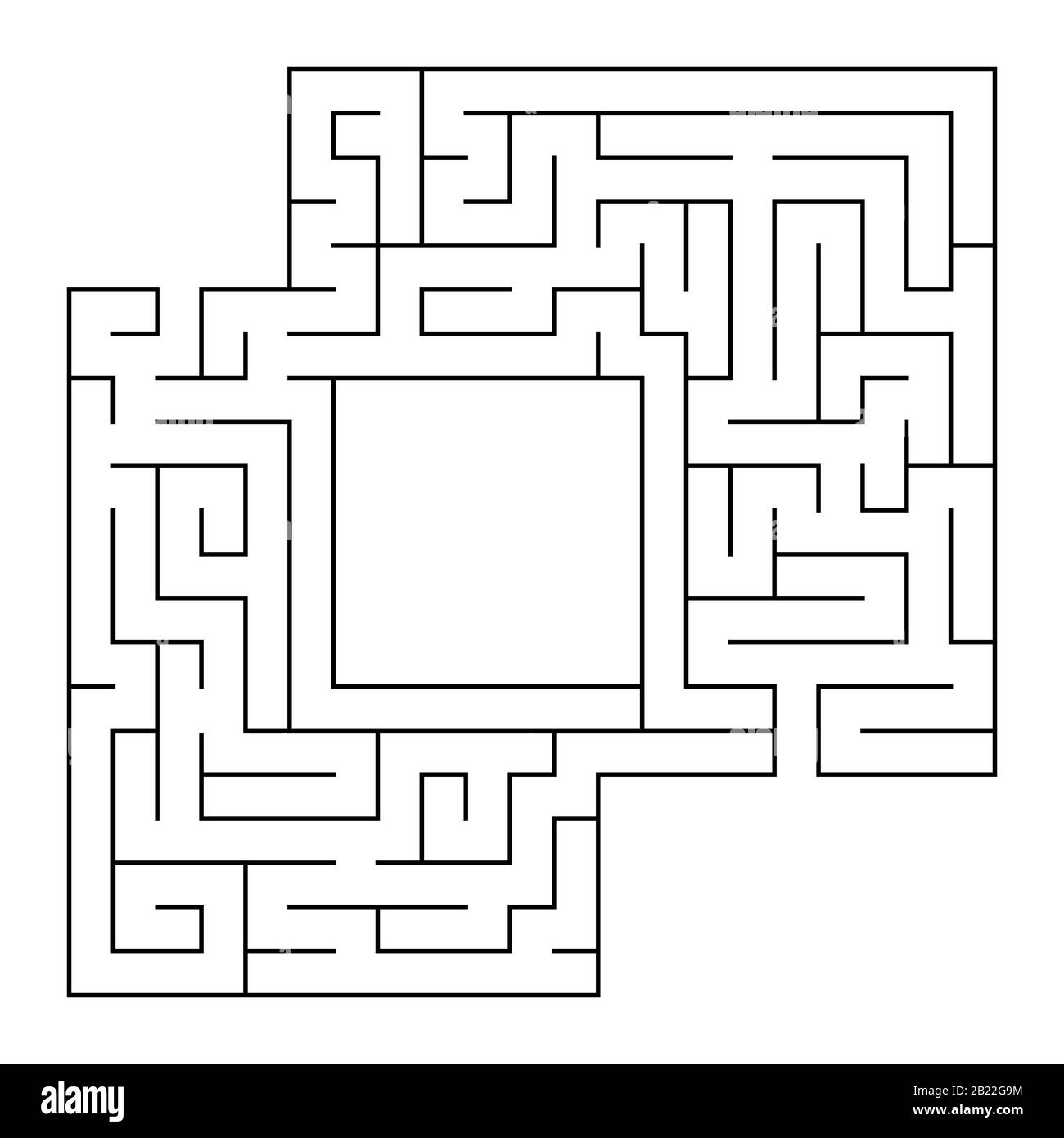 Un labirinto quadrato con un ingresso e un'uscita. Semplice illustrazione con isolamento vettoriale piatto. Con un luogo per i disegni. Illustrazione Vettoriale