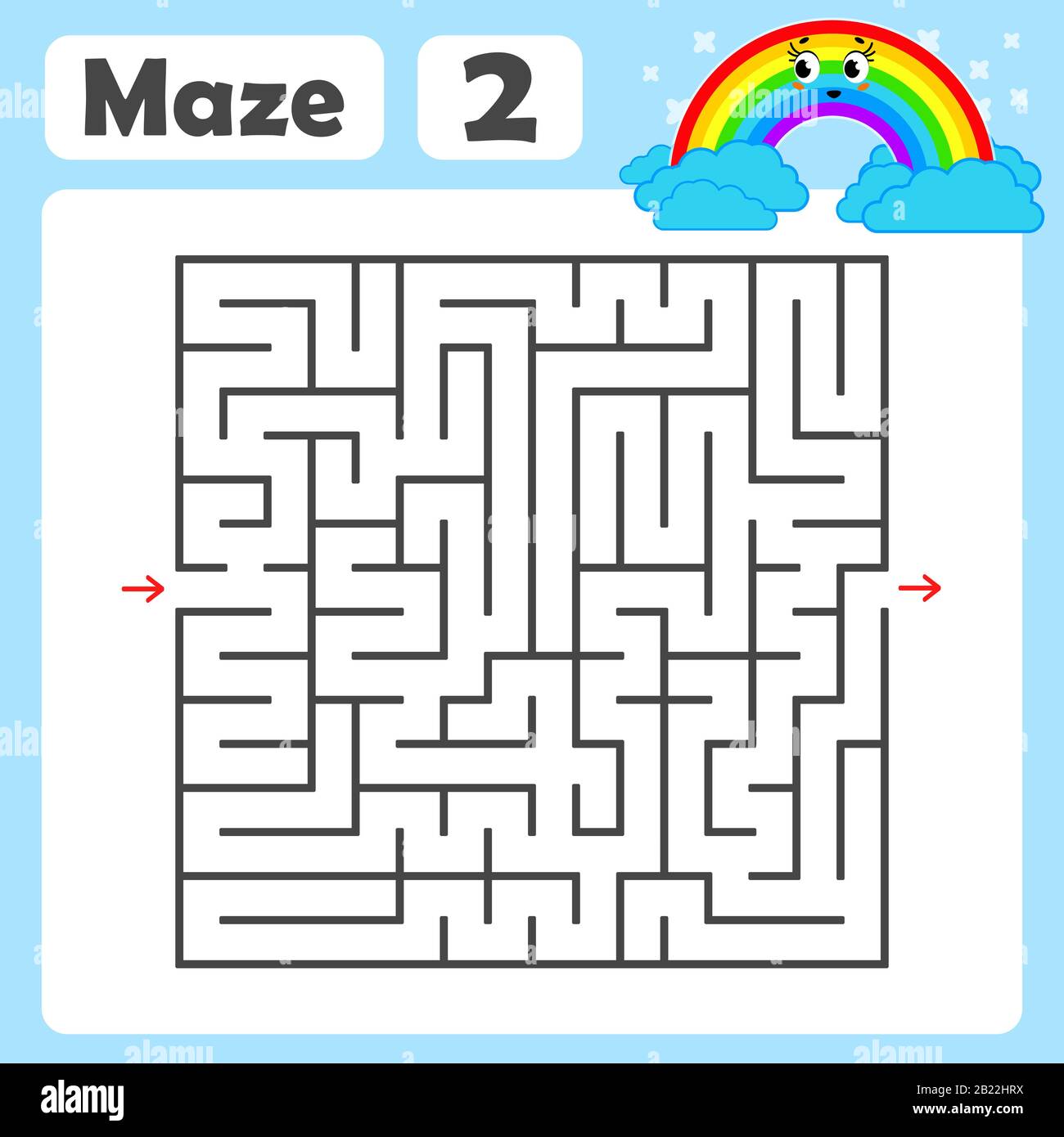 Un labirinto quadrato. Gioco di sviluppo per i bambini. Illustrazione Isolata Vector Flat Colorata. Con un simpatico cartone animato arcobaleno. Illustrazione Vettoriale