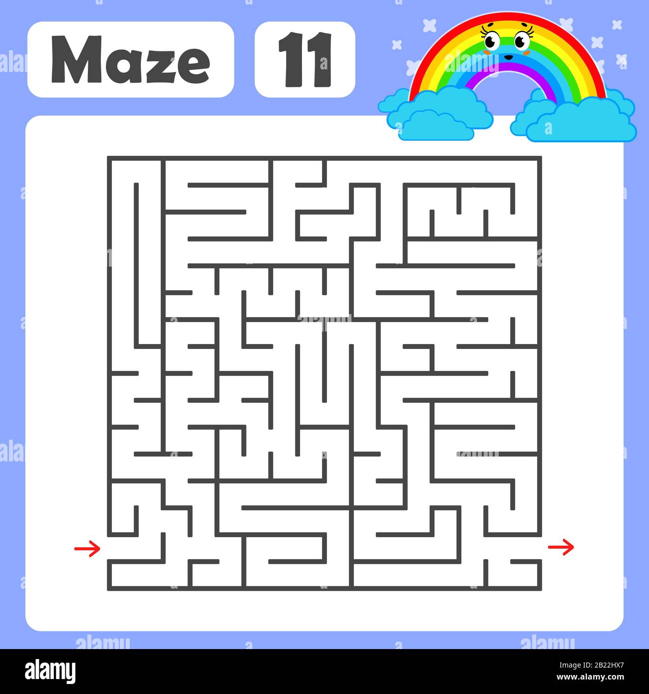 Un labirinto quadrato. Gioco di sviluppo per i bambini. Illustrazione Isolata Vector Flat Colorata. Con un simpatico cartone animato arcobaleno. Illustrazione Vettoriale